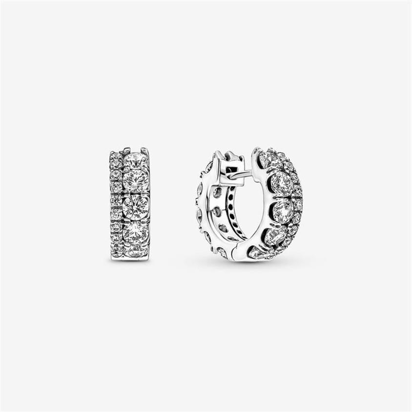 Autentyczny 100% 925 Sterling Srebrny podwójny zespół Pave Hoop Kolczyki Moda Wedding zaręczynowy Akcesoria dla kobiet prezent307D