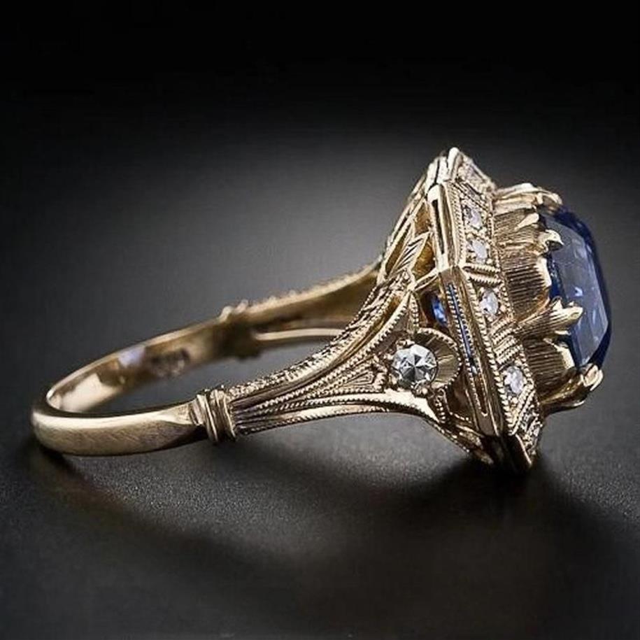 クラスターリングMengyi Gold Color Engagement Wedding Ring Geometric Square cubic Zirconiaレトロユニークなアートデコ女性185J