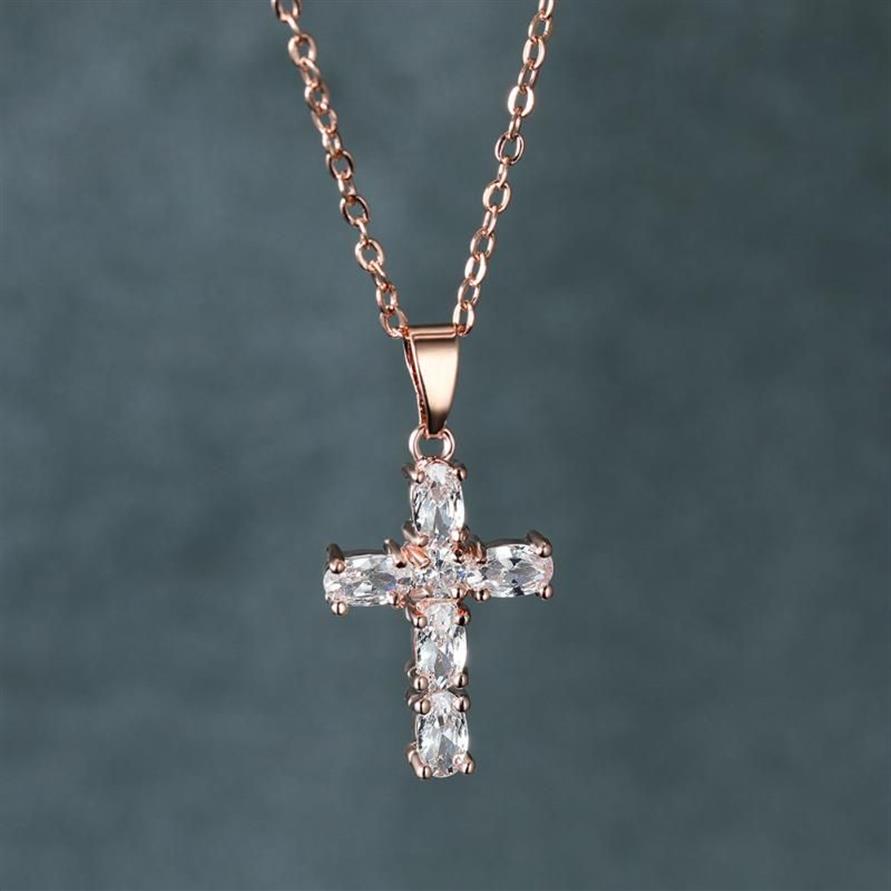 Pendanthalsband Ett stycke Jesus Cross Halsband för kvinnor Luxury Crystal Rose Gold Silver Color Chains Wedding Jewelry Gift297J