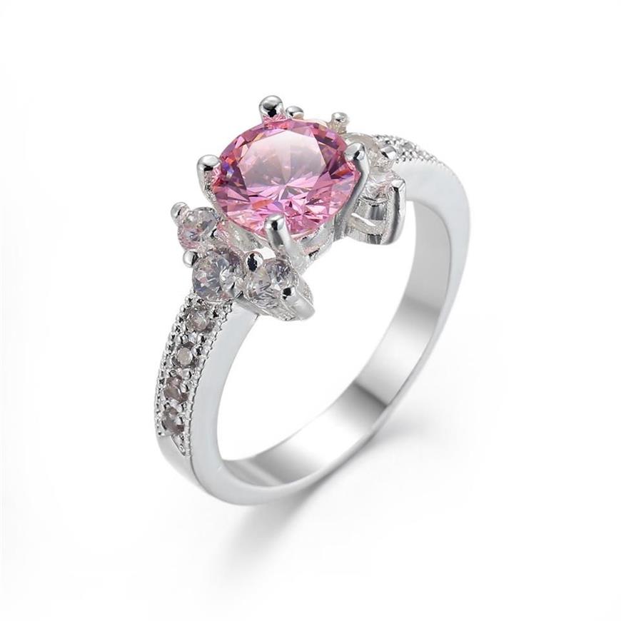 Whole lote Luckyshine Daily Jewelry Gift Fire Flor Pink Zircônia cúbica Gemstone 925 Mulheres banhadas de prata Ring Ne328s