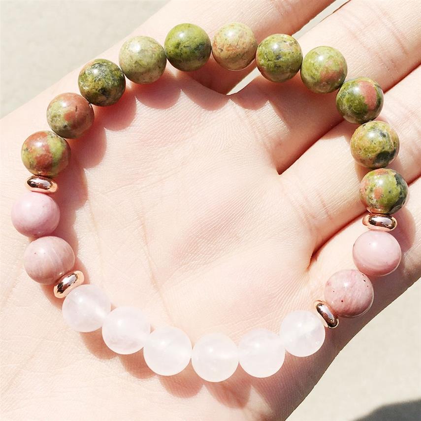 MG0361 8 mm Unakite Women's Yoga Bracelet Natural Rhodonite Bead Wrist Mala Bracelet Energy Rose Quartz Jewelry272V