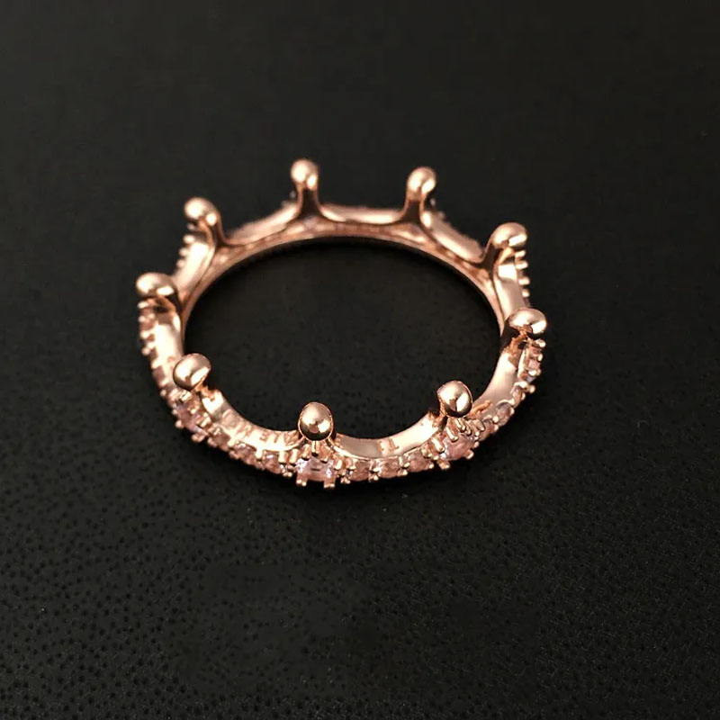 T GG Anillo de corona encantada chapado en oro rosa de 18 quilates, caja original para plata de ley 925, conjunto de anillos de boda con diamantes CZ para mujer