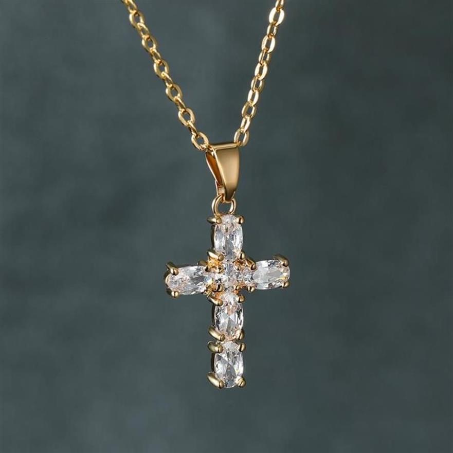 Pendanthalsband Ett stycke Jesus Cross Halsband för kvinnor Luxury Crystal Rose Gold Silver Color Chains Wedding Jewelry Gift297J