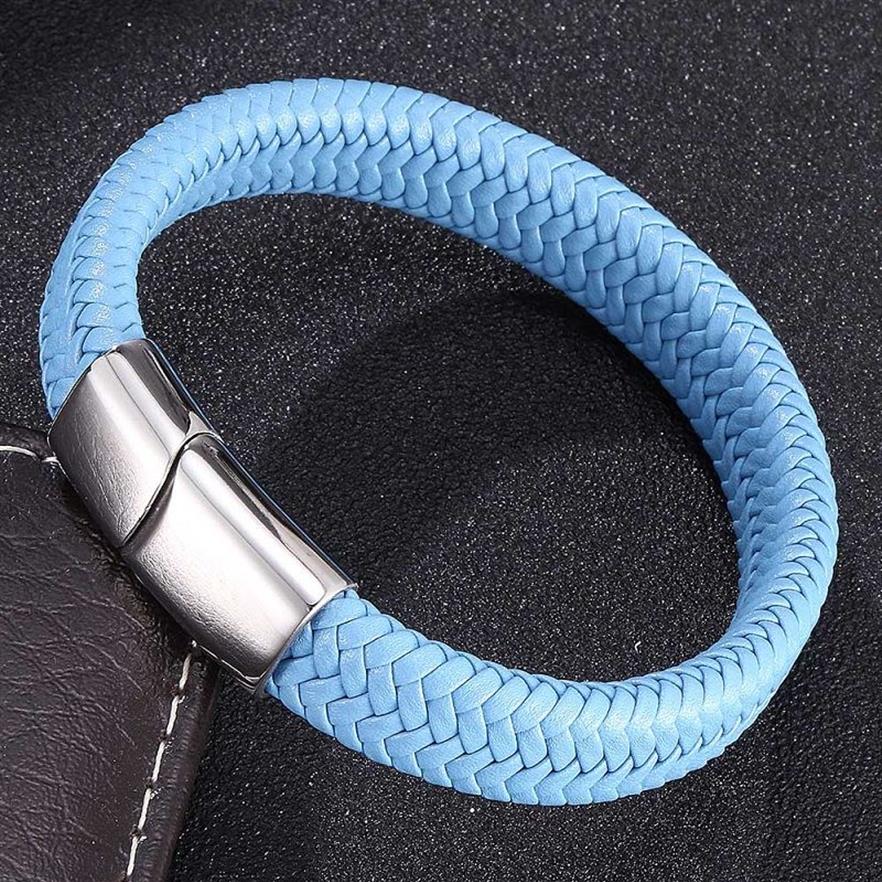 Fashion Jewelry Blue Leather Braided Rope Bracelet Men Stainless Steel Magnetic Clasp Punk Bracelets Bangles Male Wrist Band325d