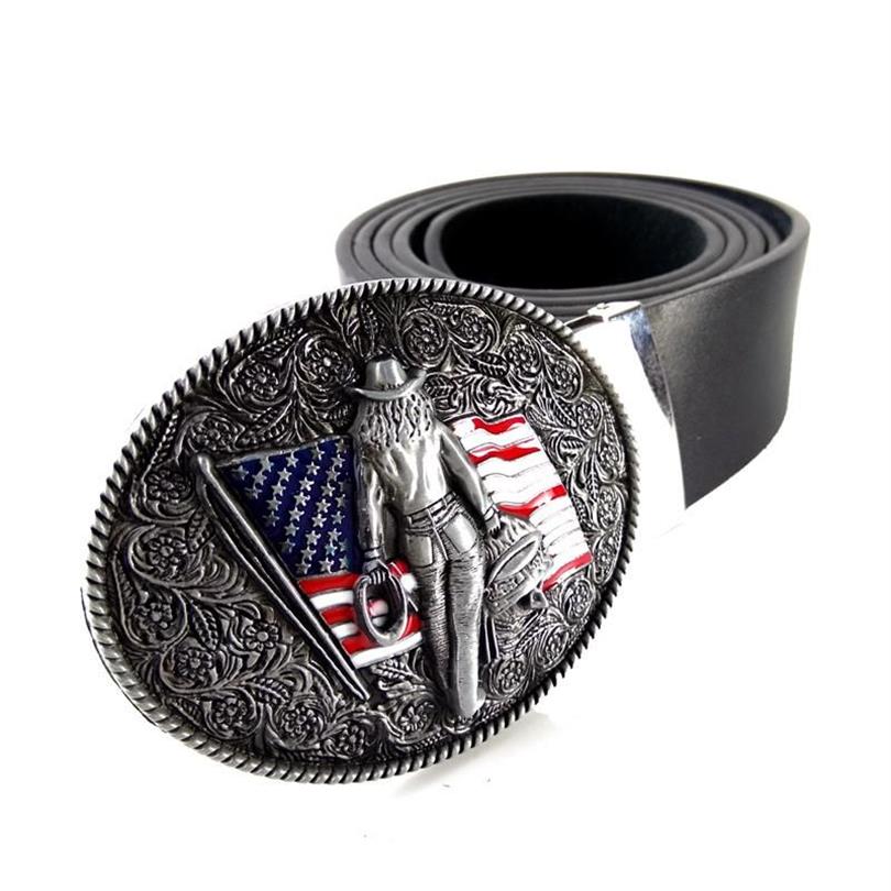 Belts Vintage Mens High Quality Black Faux Leather Belt With American Flag Western Country Cowboy Clip Metal Buckle For Men Jeans208y