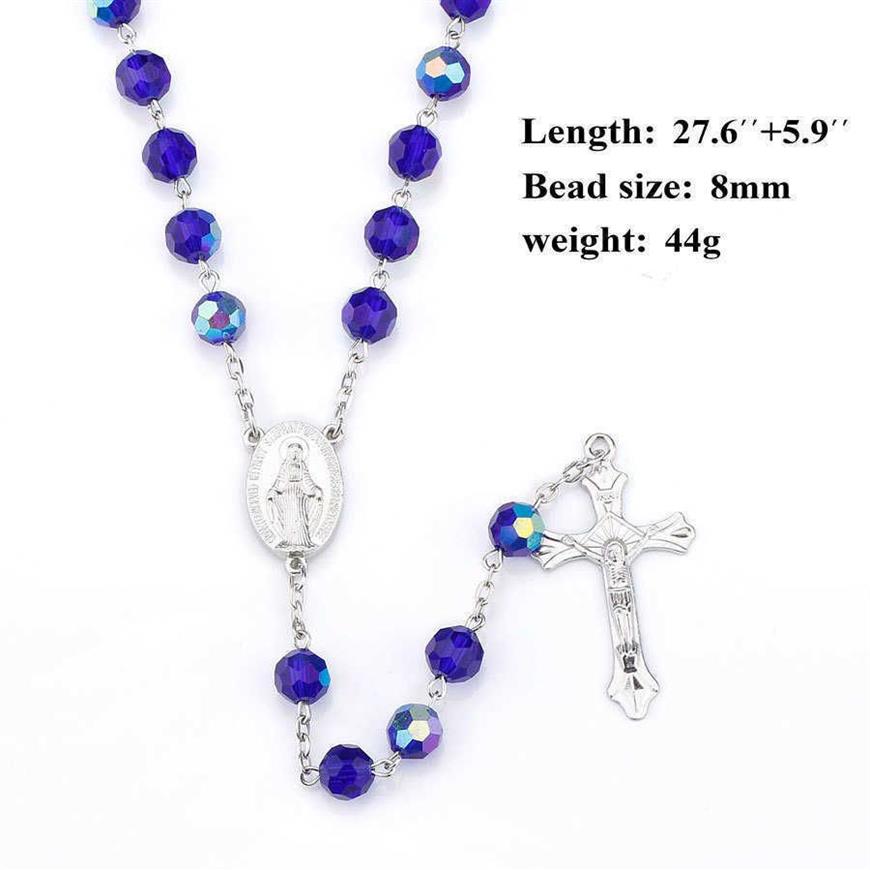 Beaded Necklaces Dark Blue Glass Crystal Catholic Rosary Necklace Christ Cross Rosary302k