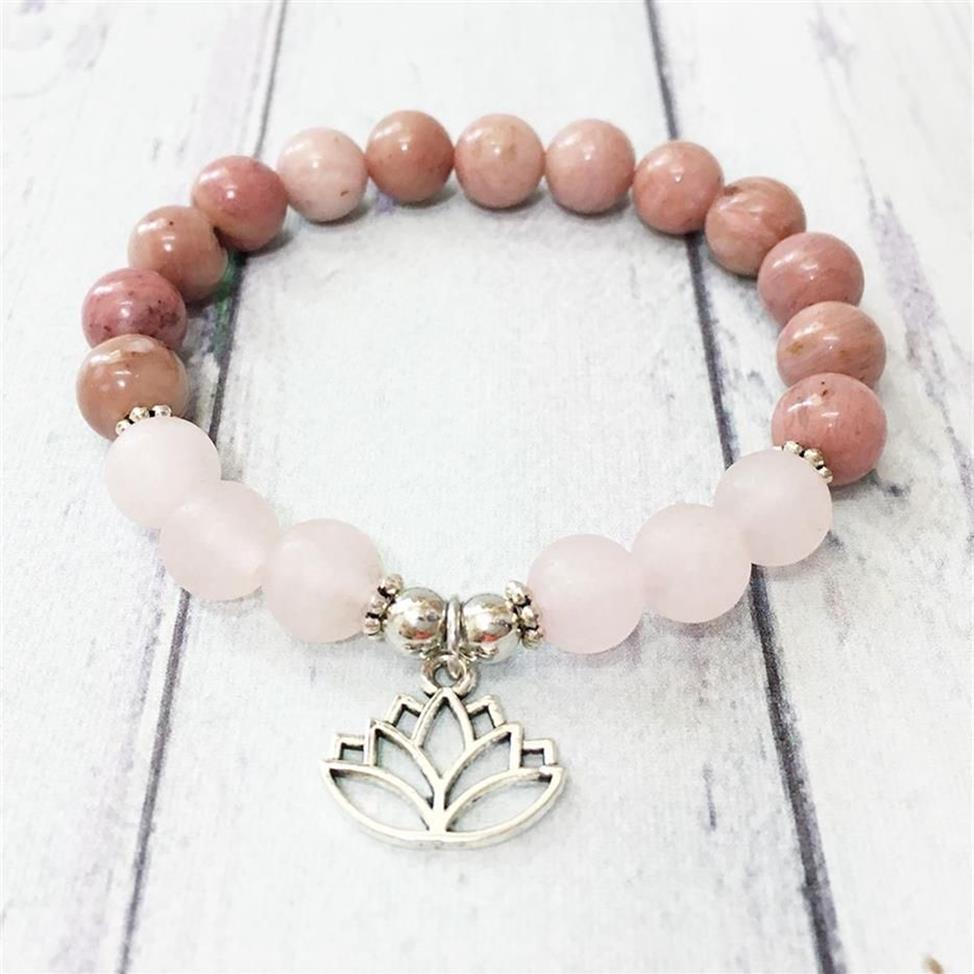 MG0513 Nuovo design Design Women's Chakra Bracciale opaco Matte Rose Quartz Rhodonite Bracciale Lotus Yoga Balance Gioielli Whole308Q