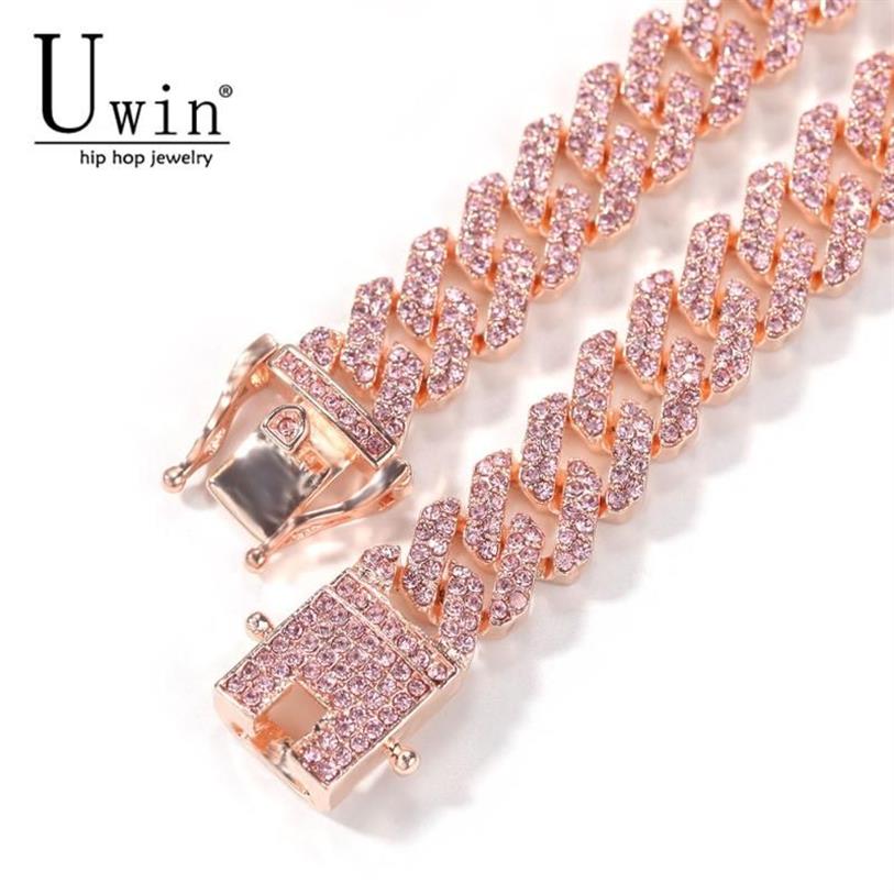 Uwin S-Link Miami Gold Rose Gold 12mm Cuban Link Pink Rhinestone Necklace Chain Full Bling Punk Bling Charm Hiphop Jewelry1300A1300A