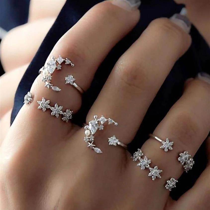 Boho Nouveaux anneaux pour femmes Tiny Crystal Moon Finger Knuckles Ring Set Alliance Femme Bijoux Party Mariage Bague Femme233Z