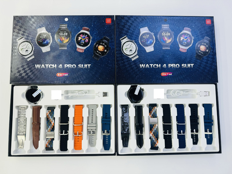 Relógio 4 pro terno 8 em 1 conjunto redondo relógio inteligente 7 correias bt música chamada rastreador de fitness monitoramento freqüência cardíaca smartwatch 2024 novo