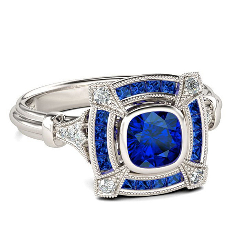 Choucong Anéis de casamento clássicos joias vintage 10KT ouro branco preenchimento azul safira CZ diamante pedras preciosas festa oco feminino anel de noivado presente