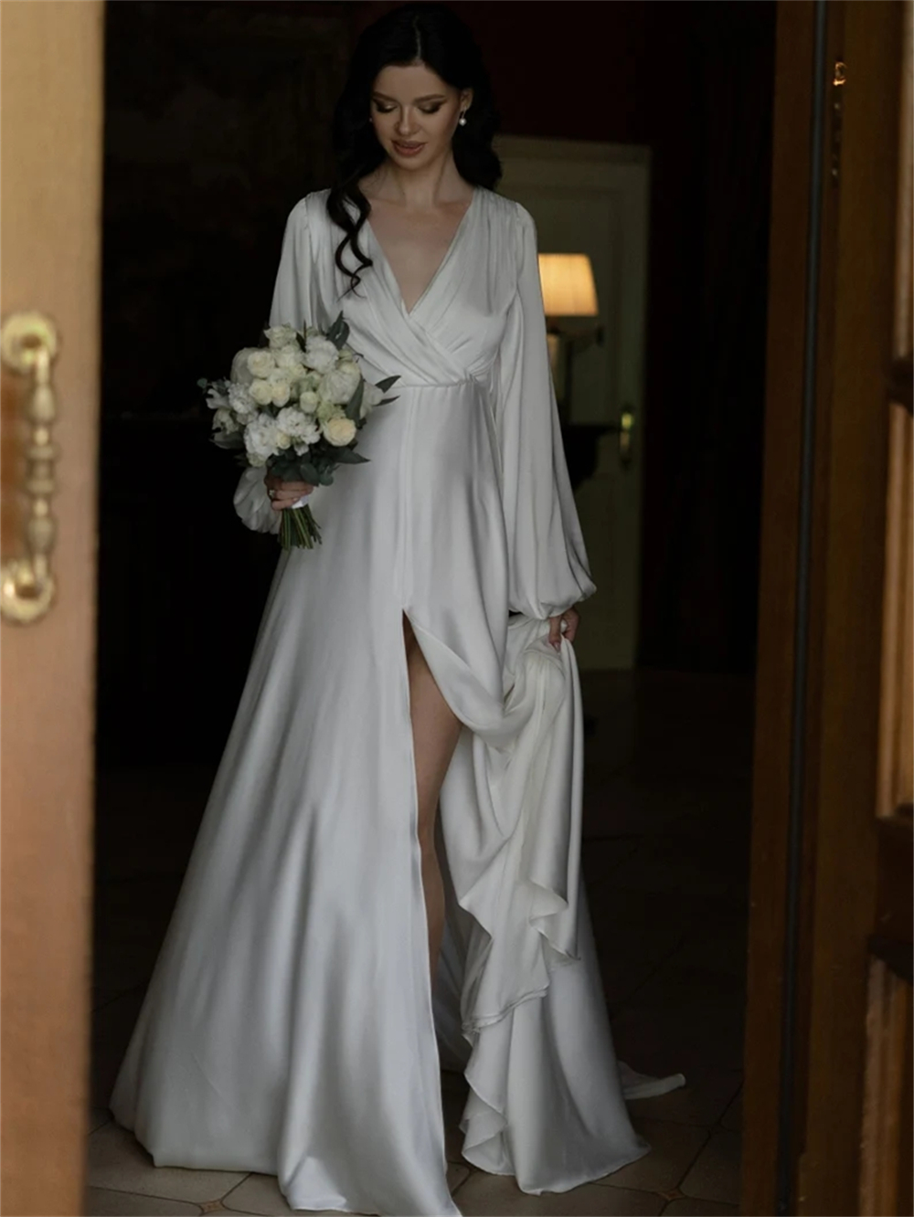 Lumineous Satin Simple Wedding Dresses For Women 2024 Long Sleeves Soft Bride Dress V Neck With Front Slit V Neck Bridal Gown Robe De Mariee Vestidos De Novia
