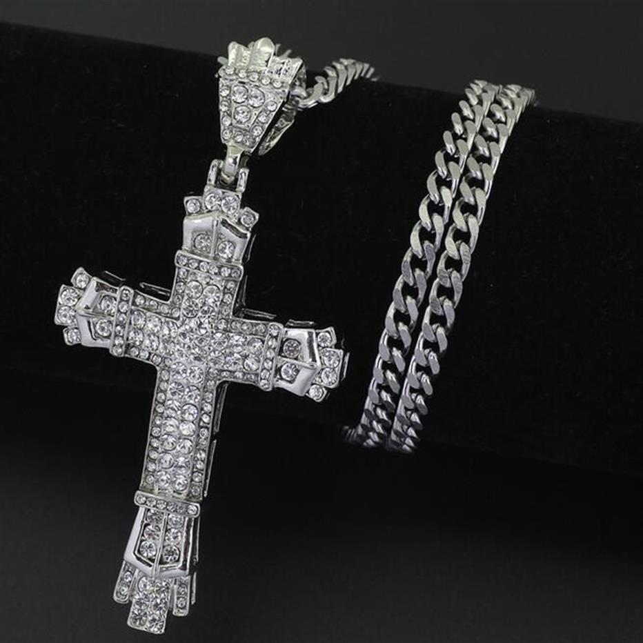 18K vergulde roestvrijstalen Cubaanse ketting Water Diamond Retro Cutout Cross Pendant Necklace309s