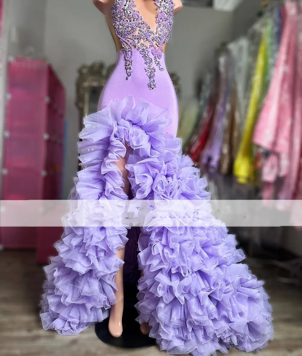 Sexy Lilac Mermaid Prom Dresses For Black Girls 2024 Slit Ruffles Train Beads Evening Gowns Long Velvet Vestidos De Fiesta Party Dress