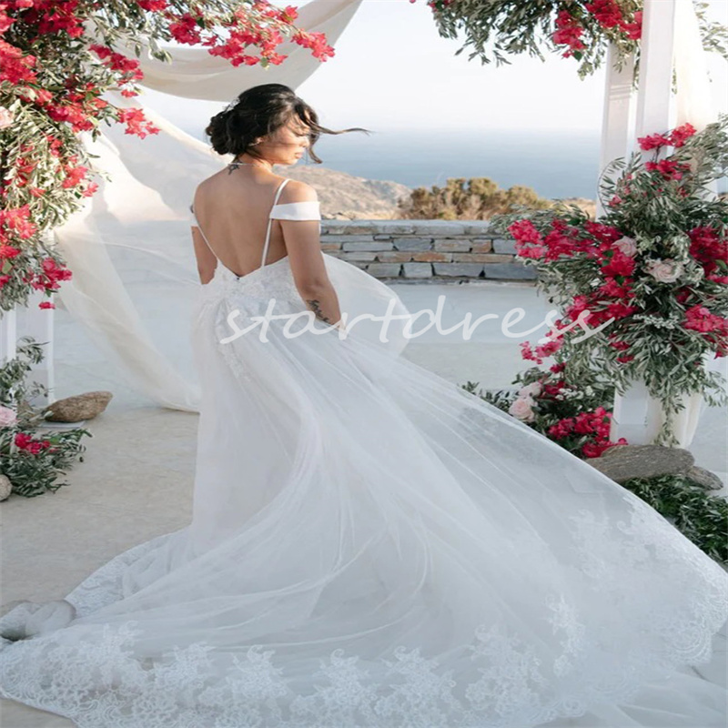 Dröm vit sjöjungfru bröllopsklänning med oftskirt tåg eleganta mössa ärmar strand brudklänningar applikationer spetskyrka lyxig land brud klänning robe de mariage 2024