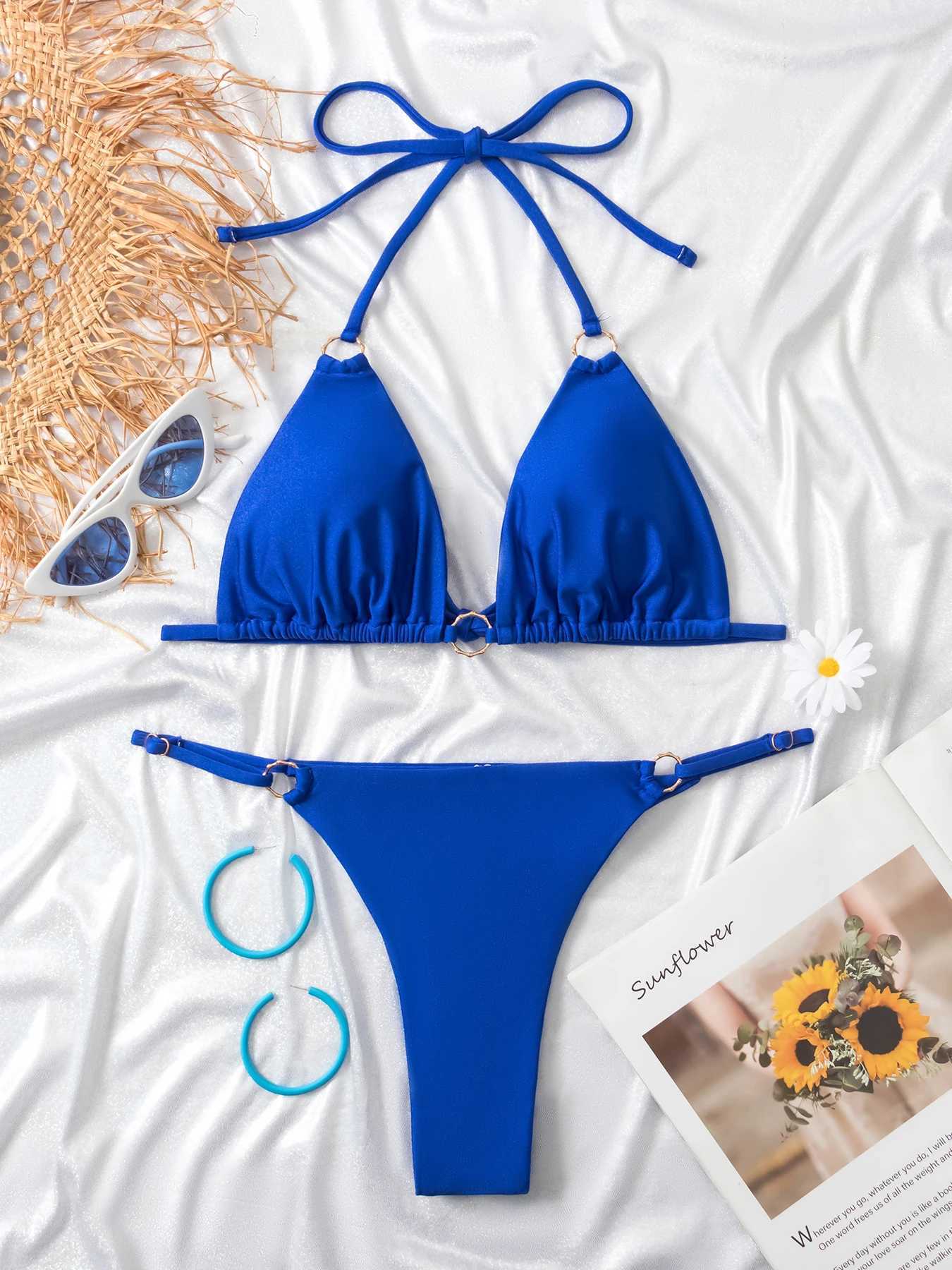 Bikinis Set 2024 Sexy Metal Circle Bikini Halter Strappy Swimwear Women Swimsuit Female Solid Low Waist Swimming Suit For Women Bathing SuitL231225