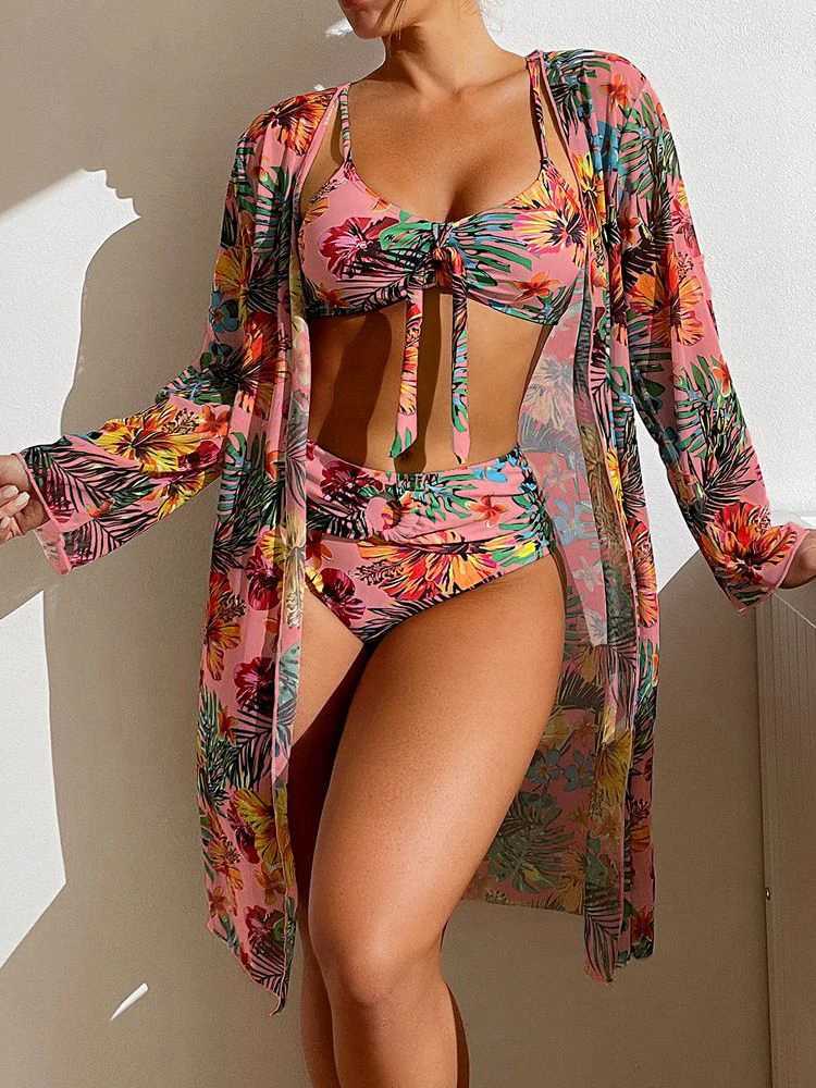 Bikinis Set Women Swimsuit Bikini Sexy Padded Bikini Set With Mesh Long-sleeved Cover Ups Brazilian Beach Bathing Suit 2024 SummerL231225