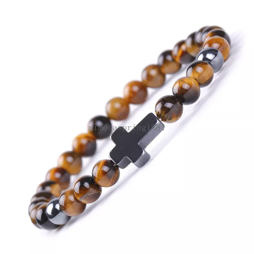 Hot Hematite Cross Charms 6mm Black Stone Pärlor Par Lover Armband Tiger Eye Energy Strand smycken