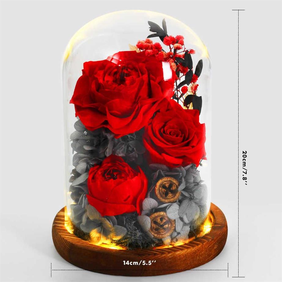 Valentine Mother Day Wedding Party Gift Preservado Rose Immortal Flowers in Glass Dome With Lamp Flowers Home Decoration q0812329a