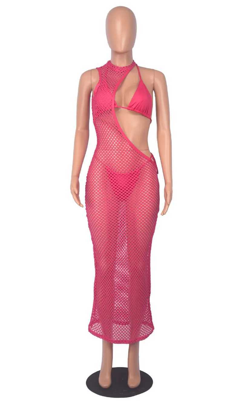 Bikinis Set Sexig Se genom Fishnet Women Three Piece Bikinis Set Crochet Sticked Hollow Out Maxi Cover Ups Dress BH and Thong Beachwearl231225