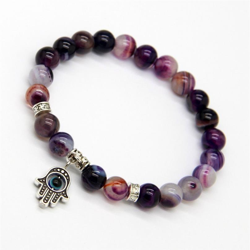 New Arrival Jewelry Whole 8mm Beaded Natural Purple Agate Stone Beads Hamsa Hand Yoga Braclets Gift for men and women272p