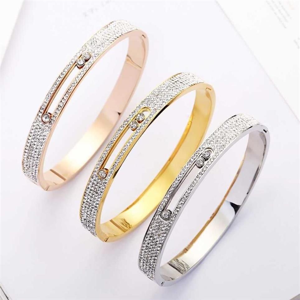 Top Quality Rose Gold Hollow Crystal Stainless Steel Love Men Women Slide Zircon Carter Bangle Cuff Bracelet Valentine Q0717276b