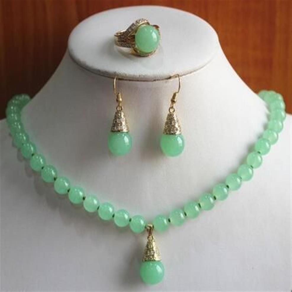 Lovely fashion jewelry green jade necklace ring earring set> gold plated whole crystal quartz stone213Y