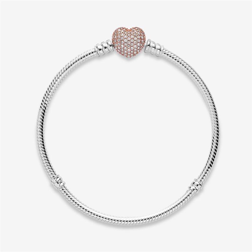 Nouveaux Moments Pave Heart Fermoir Serpent Chaîne Bracelet 100% 925 Chaîne En Argent Sterling Fermoir En Or Rose Avec Pierre Claire Mode Accessor268j