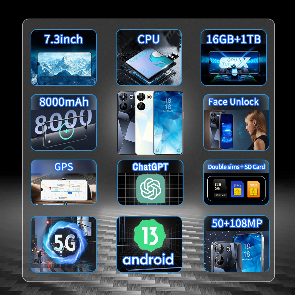 2024 nova marca global c20 pro 7.3hd tela 16gb + 1tb 8000mah 50mp + 108mp celular duplo sim rosto desbloqueado 5g original tablet do telefone móvel