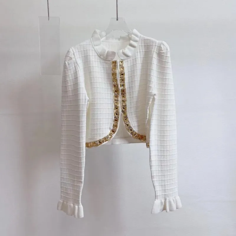 Women Spring Jackets Printed Metal Buckle Knitted Fashion slim fit white Embroidery Long-sleeved Cardigan Top Quality