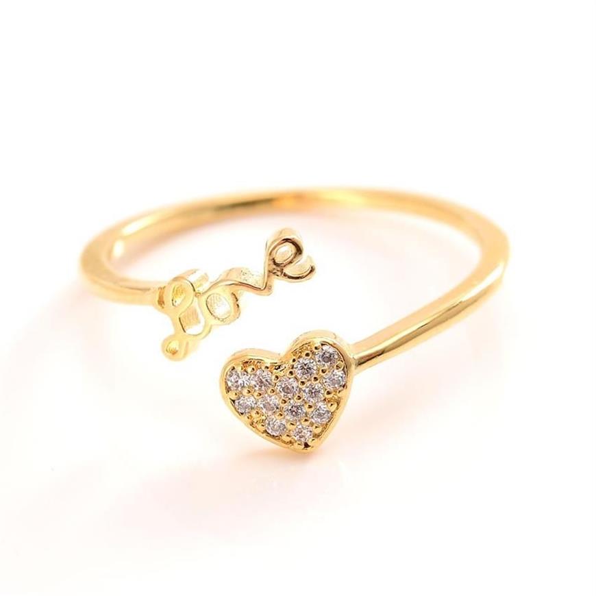 Женские кольца Love Lovely 24 k CT Fine Solid Gold GF CZ Stones Ring Регулируемый размер Открытое кольцо Симпатичные ювелирные изделия в форме сердца217L