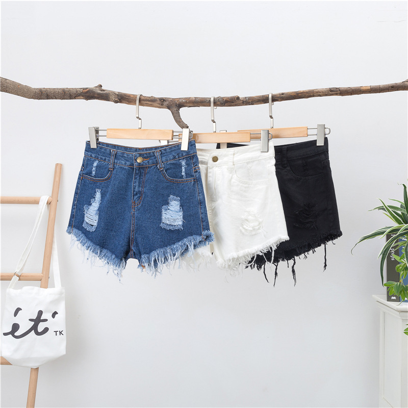 Shorts jeans soltos gordinhos mm de tamanho grande para o verão feminino e versões coreanas, cintura alta com furos para mostrar magreza, bordas de pele, pernas largas, calças quentes evasê