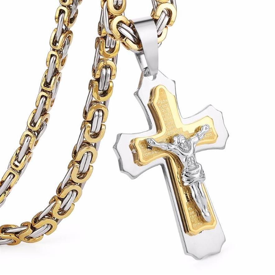 Collana con pendente a croce Cristo Gesù multistrato Collana a maglia in acciaio inossidabile Catena bizantina Regalo gioielli da uomo pesante 21 65 6mm MN78267A