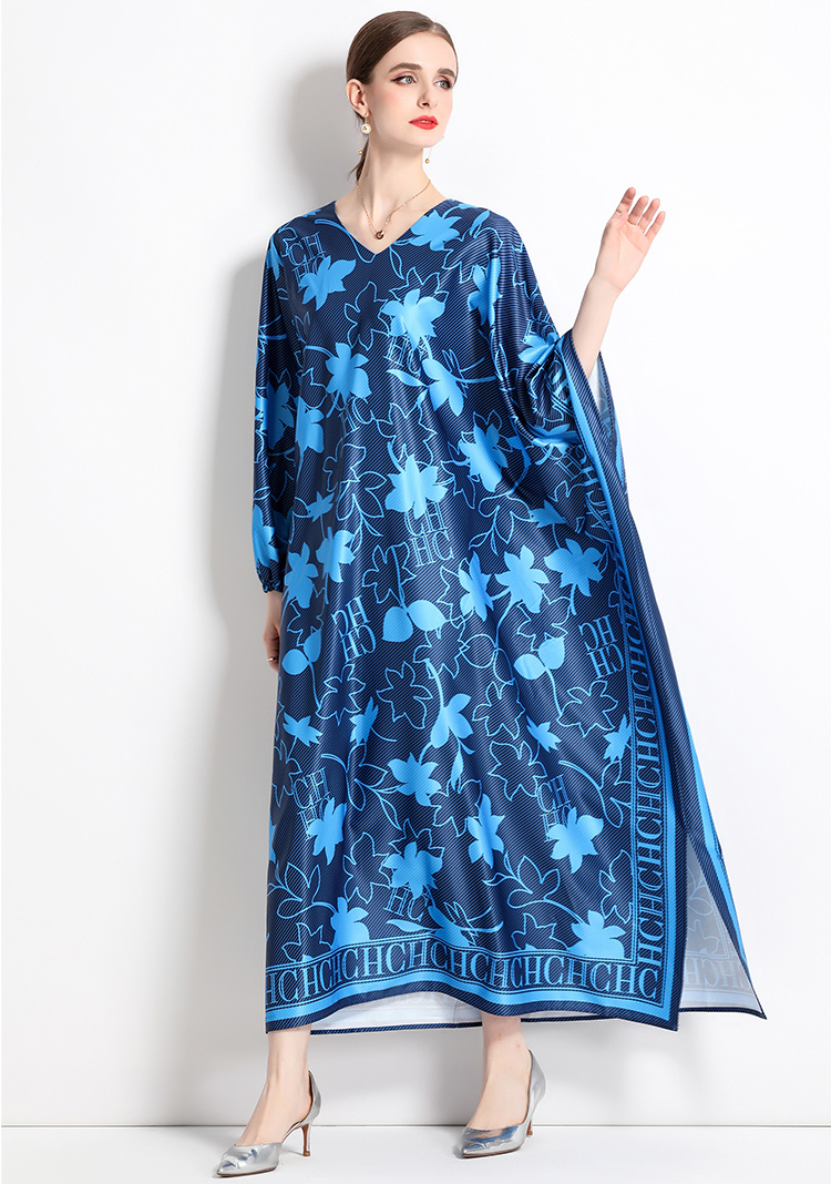 Fashion Loose Printing Dress Women V-Neck Batwing Sleeve Long Robes Casual Vestido Feminino Summer Elegant Boho Dresses