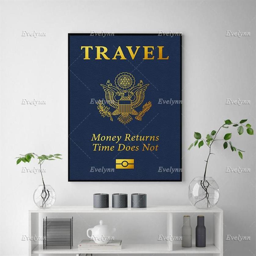 Paintings Motivational Inspirational Canvas Poster- Passport Travel Money Returns Time Does Not Wall Art Office Home De220b