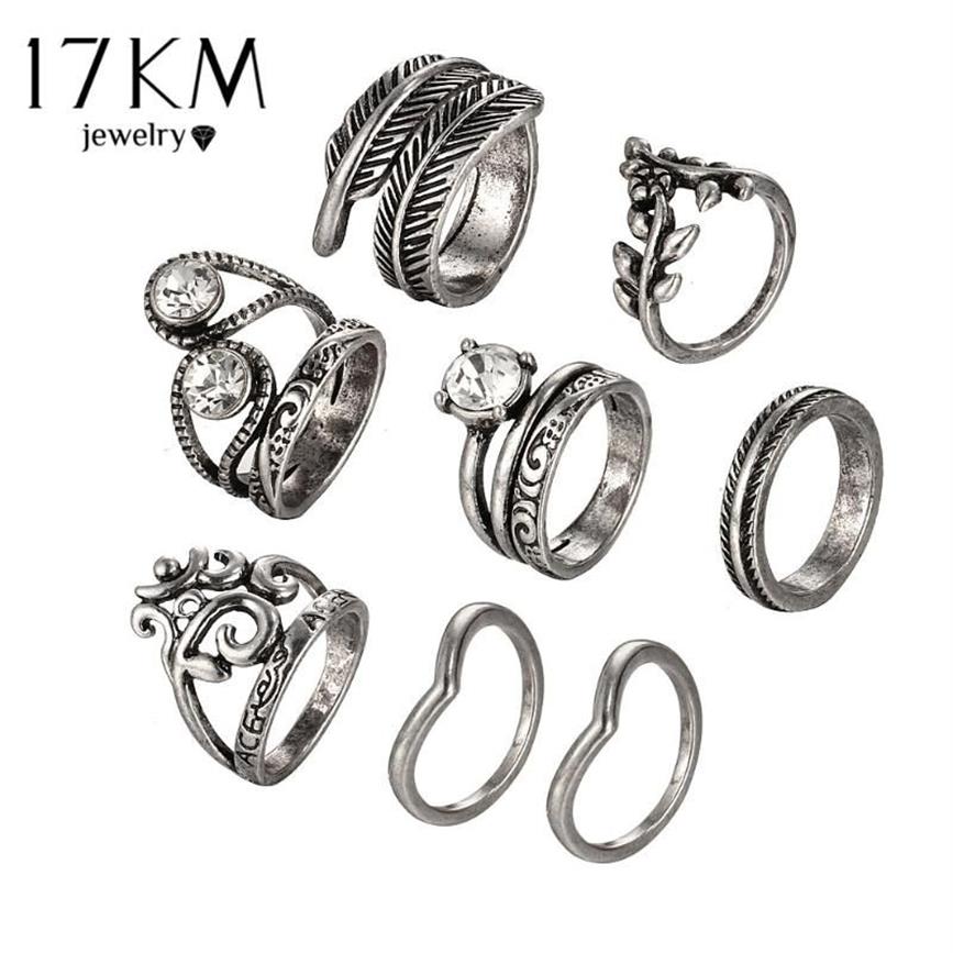 Cluster Rings 17KM Vintage Silver Color Knuckle Carving Antique Hollow Flower Leaves Crystal Party Jewelry For Women Lot316G