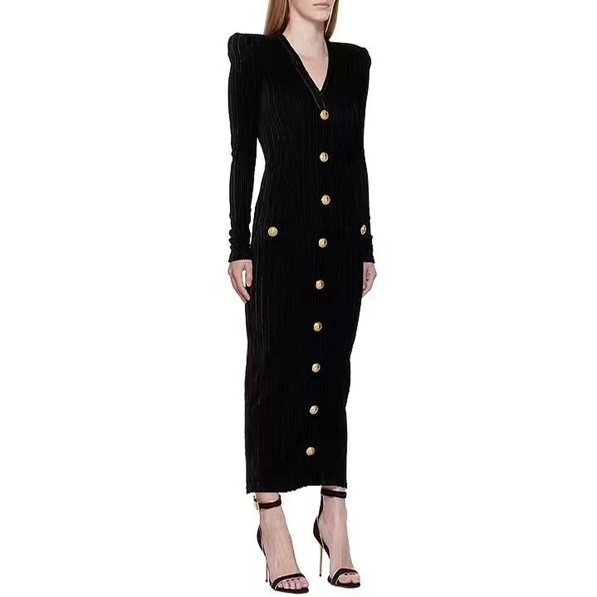 1222 XL 2024 Milan Pist Elbise Bahar V Boyun Uzun Kollu Orta Buzağı Marka Aynı Stil Kadın Elbise Moda Yüksek Kaliteli Mansha