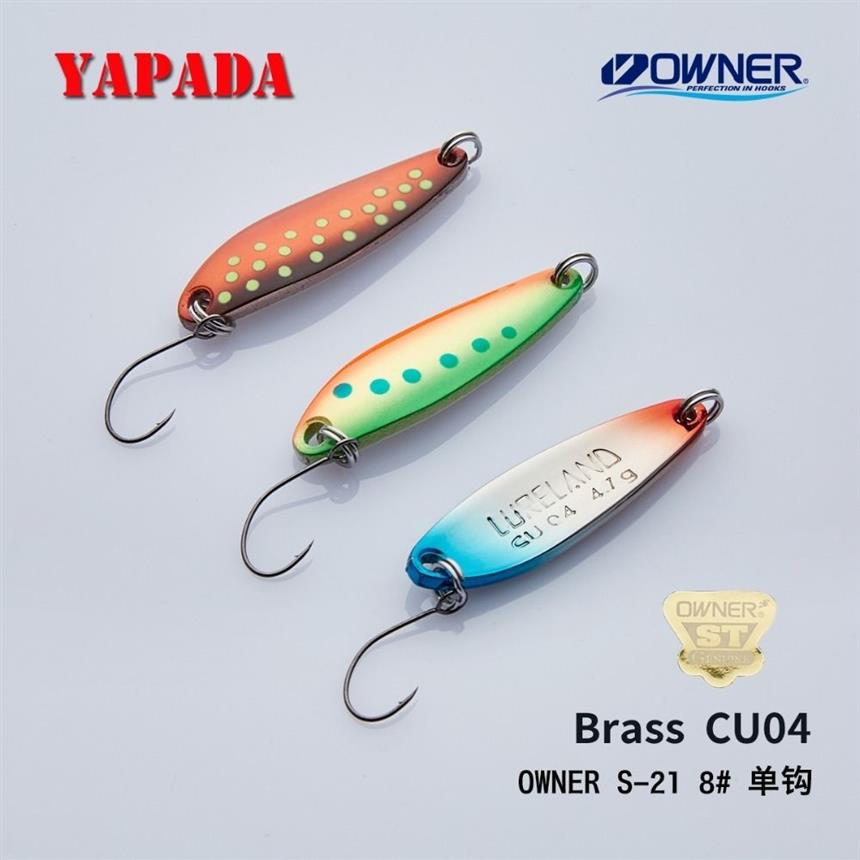 Yapada mässingsked cu04 2 8g 3 6g 4 7g 36x10mm ägare enkel krok multicolor metall sked ström fiske lockar öring t191016265a