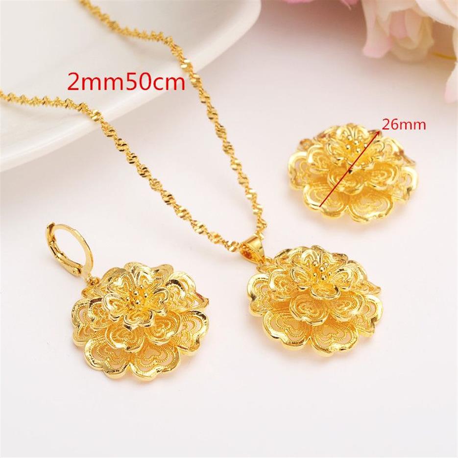 in full bloom 24k Solid Fine Yellow Gold Filled Multichamber Flower set Jewelry Pendant Chain Earrings African Bride Wedding Bijou316q