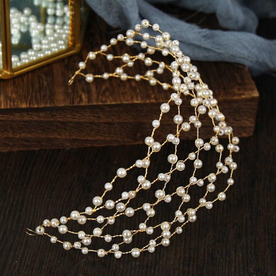 Vintage Baroque Gold Pearls Tiaras Headbands Handmade Bridal Wedding Hair Accessories bands Vines Women Jewelry 211019209I