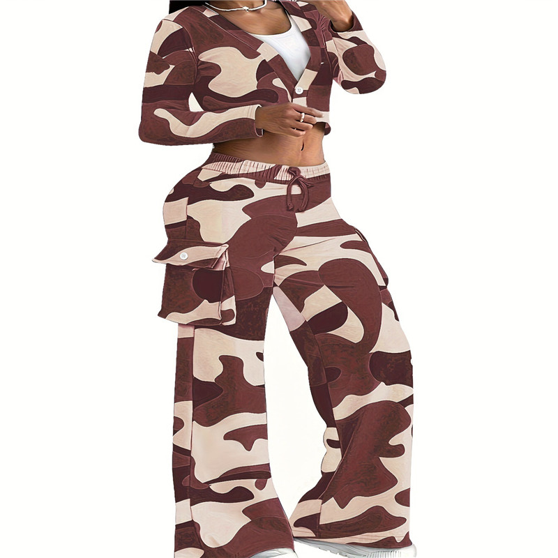 2024 Designer Camo Deux Pièces Ensembles Femmes Automne Hiver Survêtements À Manches Longues Veste De Camouflage Et Pantalon Large Jambe Vintage Tenues En Vrac Vêtements En Gros 10428