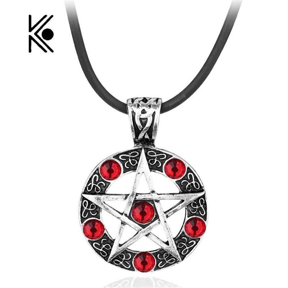 Anhänger Halsketten Supernatural Serie Pentagramm Halskette mit Seilkette Dean Winchester Stern versilbert roter Kristall Schmuck282h