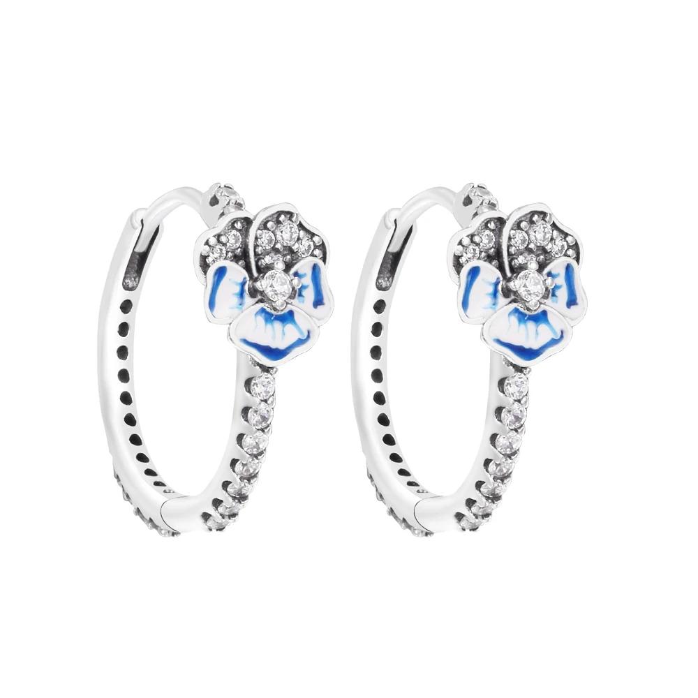 Huggie 2022 Nuovo Arrivo Blu Pansy Fiore Orecchino ad anello 925 Orecchini In Argento Sterling Le Donne Gioielli Da Sposa Orecchio Brincos Pendientes