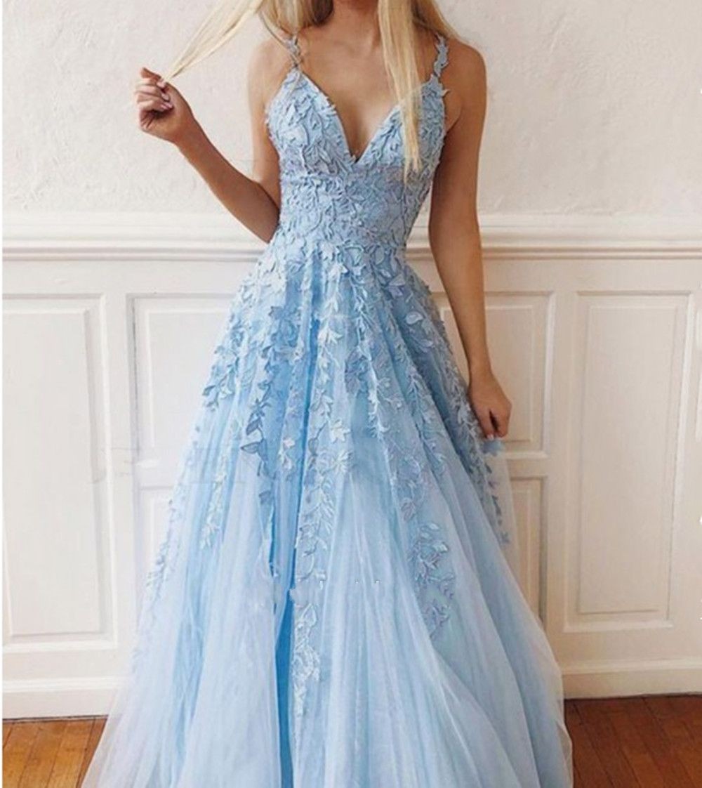 Charming Sky Blue Lace Tulle Prom Dresses Sexy A Line V-neck Spaghetti Straps Appliques Floor-length Evening Gowns Bridesmaids Dresses Plus Size