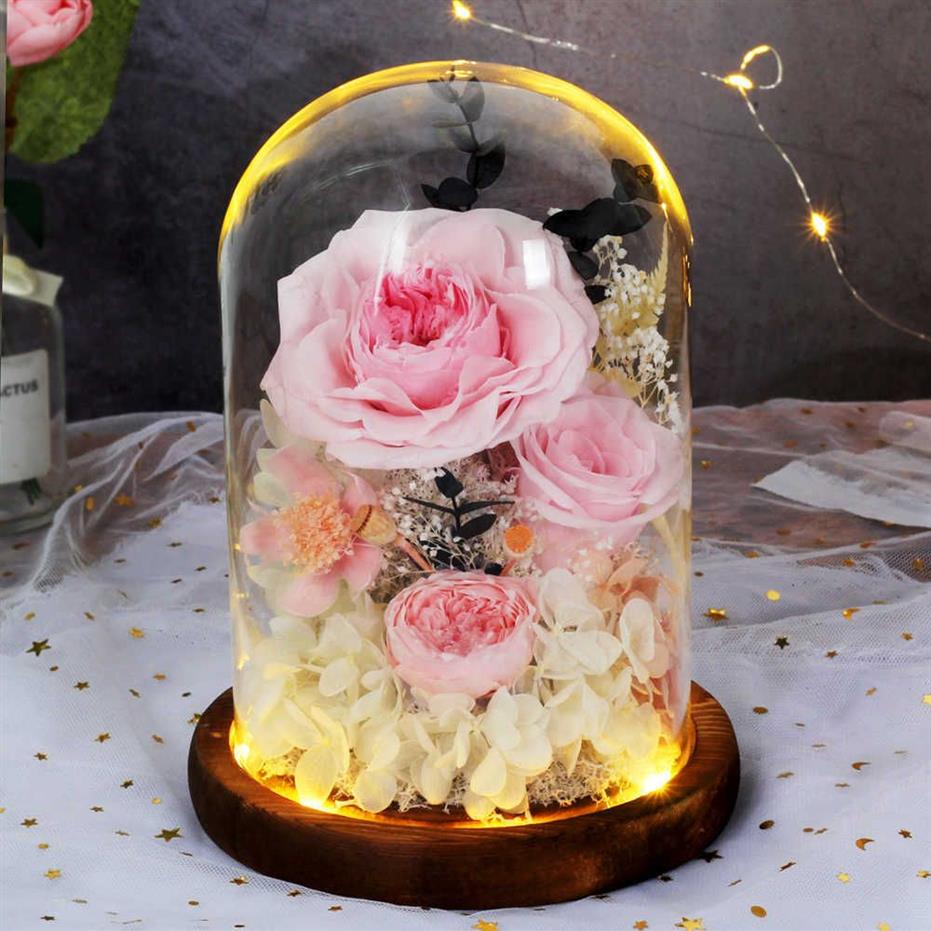 San Valentino Festa della mamma Festa di nozze Regalo Conservato Rosa Fiori immortali in cupola di vetro con lampada Fiori Decorazione domestica Q0812300x