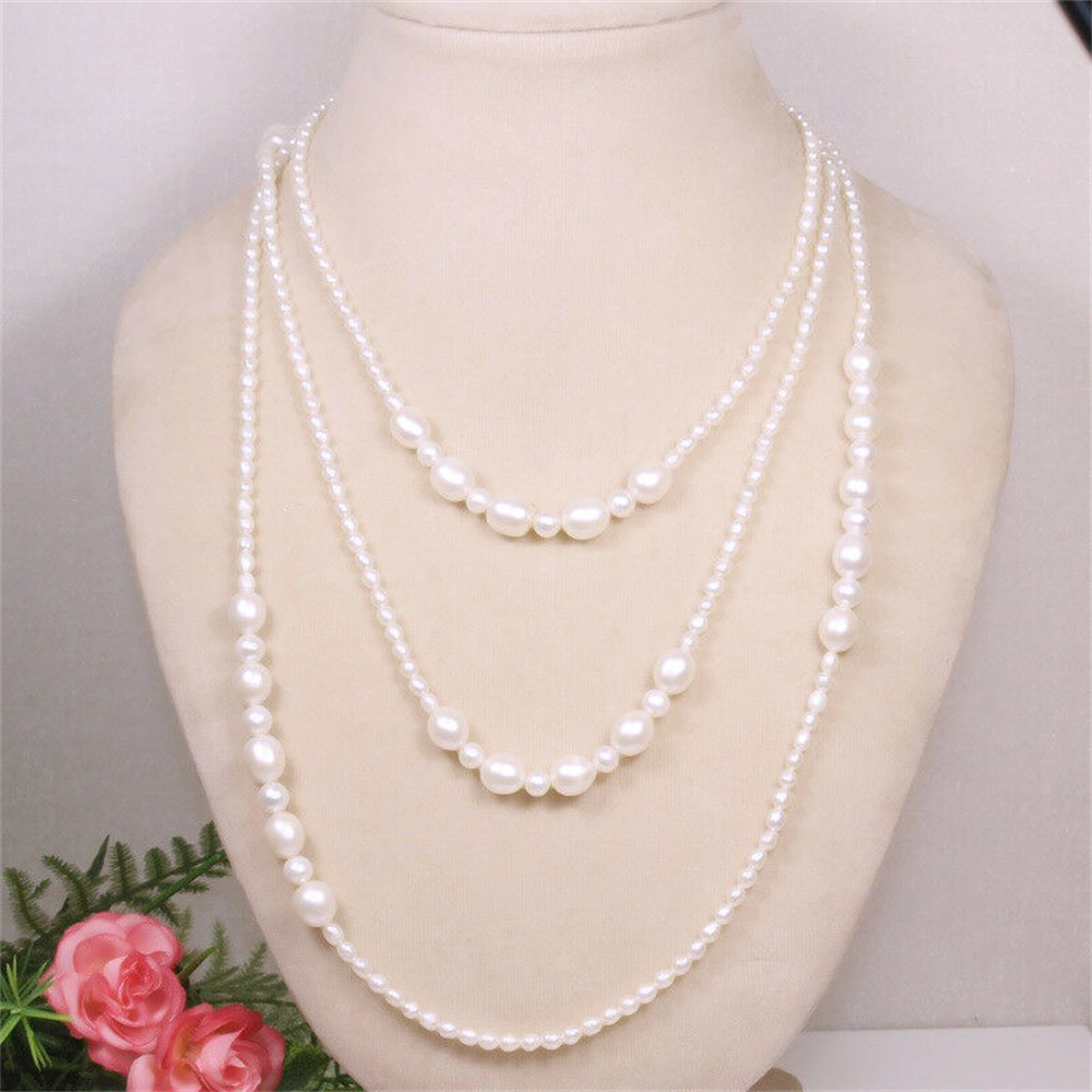 Handgeknoopte elegante 3-4-8-9-10mm witte zoetwaterparelketting lang 127cm