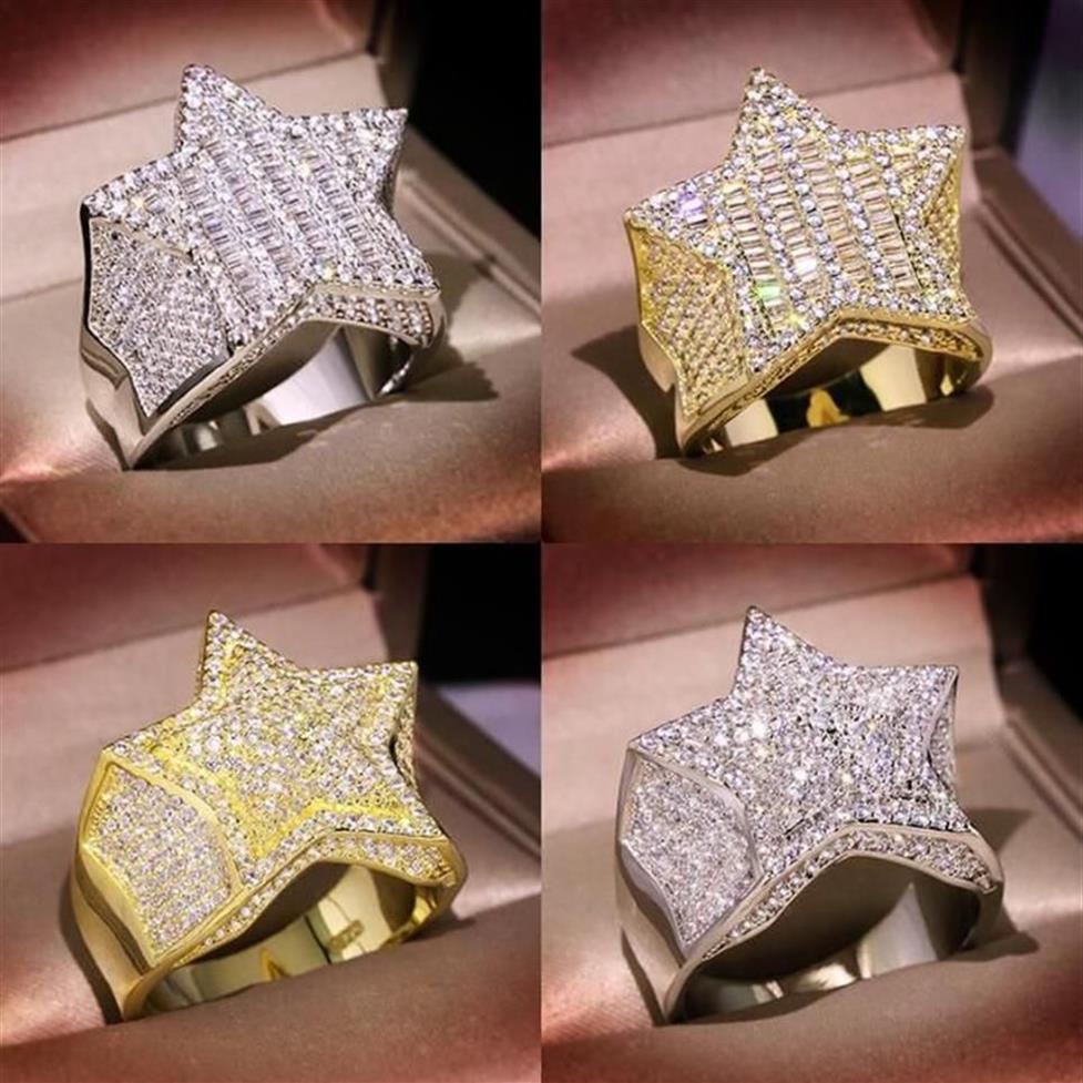 Gold Silver Ring Stones Högkvalitativ Hip Hop Bling Cubic Zirconia Fempekade stjärnringar för män Kvinnor smycken261w