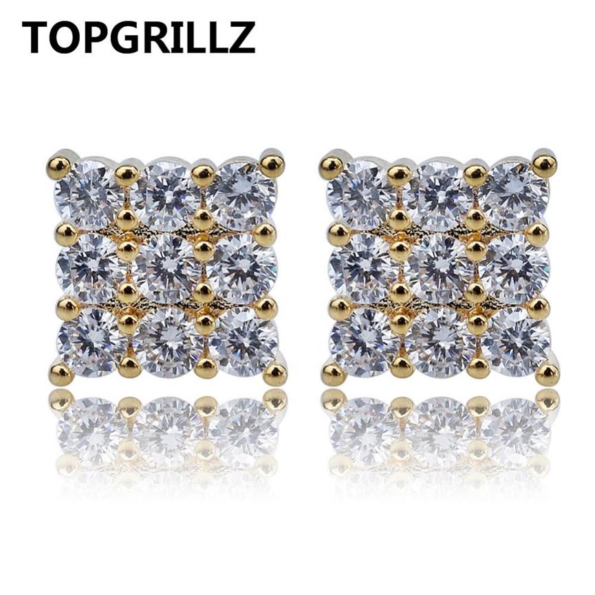 TOPGRILLZ Hip Hop 3Row Cubic Zircon Square Stud Earrings Men Women Jewelry Gold Silver Color CZ Earring With Screw Back Buckle297t