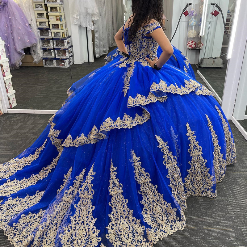 Prachtige Blauwe Glanzend Quinceanera Jurken Goud Applique Kant Uit de Schouder Baljurk Prinses Verjaardagsfeestje Sweet 16 vestidos de 15