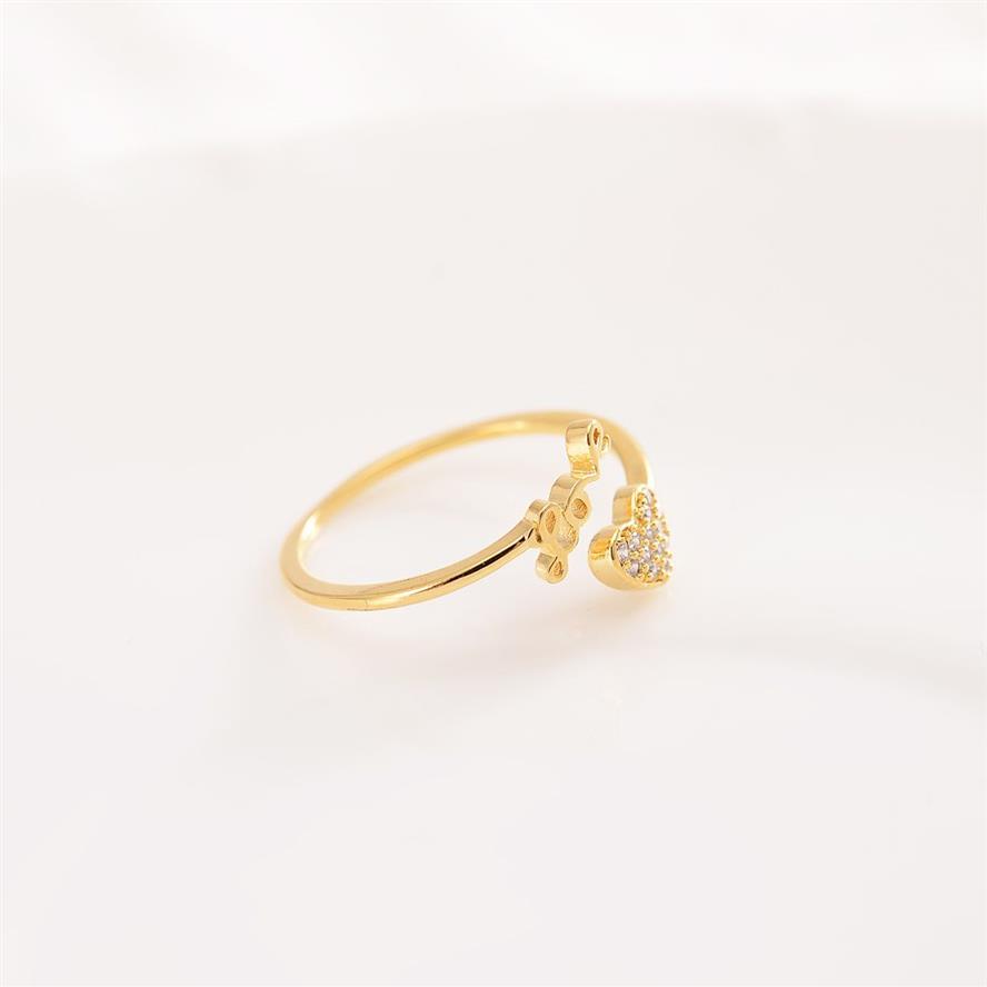 Женские кольца Love Lovely 24 k CT Fine Solid Gold GF CZ Stones Ring Регулируемый размер Открытое кольцо Симпатичные ювелирные изделия в форме сердца217L